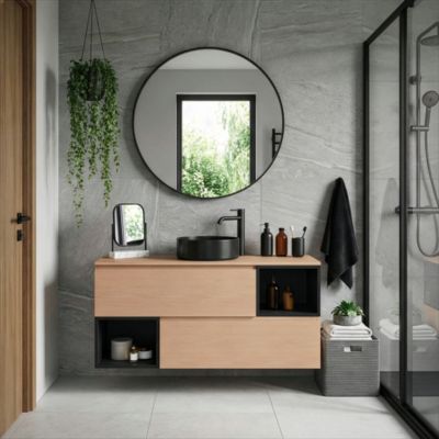 Ensemble meubles de salle de bains Kentia l.140 cm noir mat et effet chêne