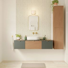 Ensemble meubles de salle de bains Kentia l.140 cm vert forêt et effet chêne avec plan de toilette Cadélia effet marbre vert