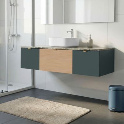 Ensemble meubles de salle de bains Kentia l.140 cm vert forêt et effet chêne avec plan de toilette Cadélia effet marbre vert