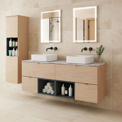 Ensemble meubles de salle de bains Kentia l.160 cm effet chêne et vert forêt avec plan de toilette Cadélia effet marbre beige