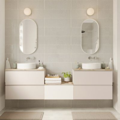 Ensemble meubles de salle de bains Kentia l.220 cm beige cachemire et blanc mat avec plan de toilette Cadélia effet marbre beige