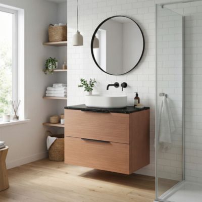 Ensemble meubles de salle de bains Kentia l.80 cm effet noyer avec plan de toilette Cadélia effet marbre noir
