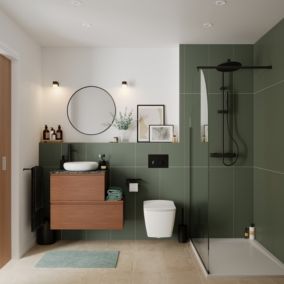 Ensemble meubles de salle de bains Kentia l.80 cm effet noyer avec plan de toilette Cadélia effet marbre vert