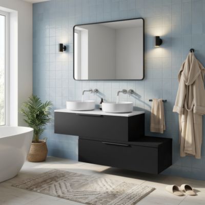 Ensemble meubles de salle de bains Kentia noir mat avec plan de toilette Cadélia effet marbre blanc