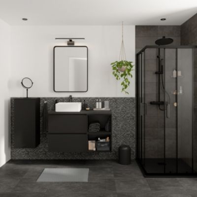 Ensemble meubles de salle de bains Kentia noir mat avec plan de toilette Cadélia effet pierre noire