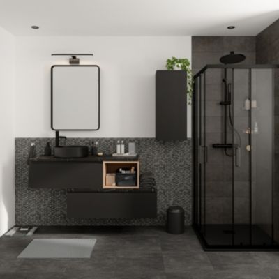 Ensemble meubles de salle de bains Kentia noir mat et effet chêne avec plan de toilette Cadélia effet marbre noir