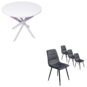 Ensemble Meubles, Lot de 4 chaises tapissées et Table à manger ronde 90cm, couleur Blanc mat, Pieds Blancs