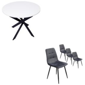 Ensemble Meubles, Lot de 4 chaises tapissées et Table à manger ronde 90cm, couleur Blanc mat, Pieds noir