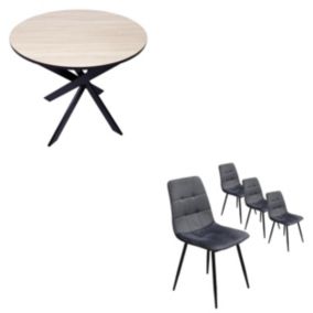 Ensemble Meubles, Lot de 4 chaises tapissées et Table à manger ronde 90cm, couleur Chêne, noir, Pieds noir