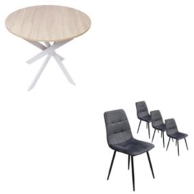 Ensemble Meubles, Lot de 4 chaises tapissées et Table à manger ronde 90cm, couleur Chêne, pieds Blancs