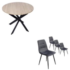 Ensemble Meubles, Lot de 4 chaises tapissées et Table à manger ronde 90cm, couleur Chêne, Pieds noir