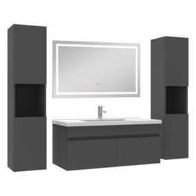 Ensemble meubles Salle de Bain 100cm avec colonne + miroir lumineux 3 couleurs + dimmable Anthracite