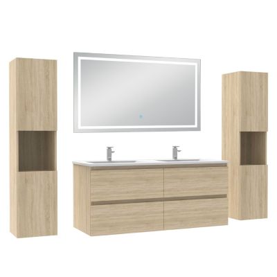 Ensemble meubles Salle de Bain 120cm avec colonne et miroir lumineux 3 couleurs et dimmable Chêne Wotan
