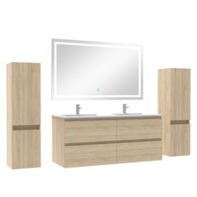 Ensemble meubles Salle de Bain 120cm double vasque + colonne + miroir lumineux Chêne Wotan