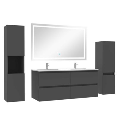 Ensemble meubles Salle de Bain 120cm vasque + colonne + miroir LED Anthracite