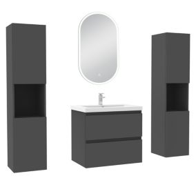 Ensemble meubles Salle de Bain 60cm colonne + vasque + miroir lumineux Anthracite