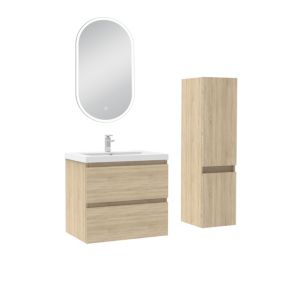 Ensemble meubles Salle de Bain 60cm vasque + colonne + miroir LED Chêne Wotan