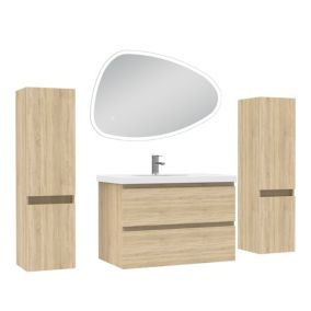 Ensemble meubles Salle de Bain 80cm colonnex2 + vasque + miroir 3 couleurs lumineux Chêne Wotan