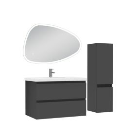 Ensemble meubles Salle de Bain 80cm vasque + colonne + miroir 3 couleurs LED Anthracite