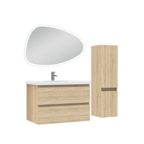 Ensemble meubles Salle de Bain 80cm vasque + colonne + miroir 3 couleurs LED Chêne Wotan