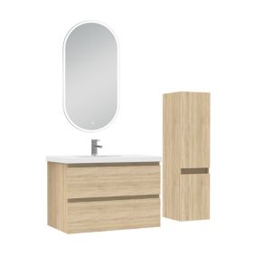 Ensemble meubles Salle de Bain 80cm vasque + colonne + miroir LED Chêne Wotan