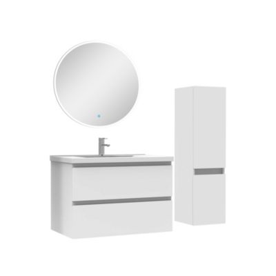 Ensemble meubles Salle de Bain 80cm vasque + colonne + miroir rond lumineux Blanc
