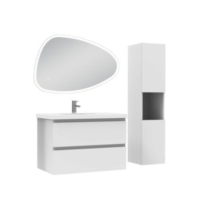 Ensemble meubles Salle de Bain 80cm vasque et colonne et miroir 3 couleurs lumineux Blanc