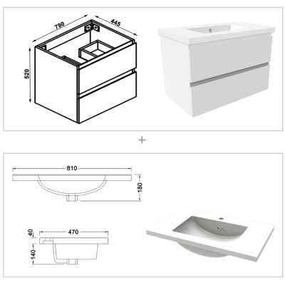 Ensemble meubles Salle de Bain 80cm vasque et colonne et miroir 3 couleurs lumineux Blanc