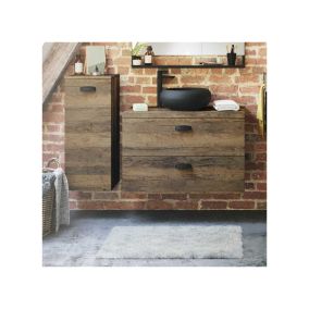 Ensemble meubles salle de bain 90 cm Chêne Vielli + vasque + colonne - THOLEY