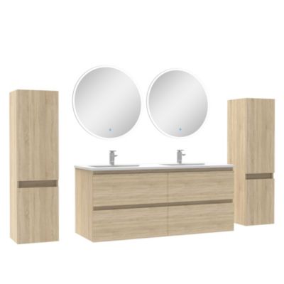 Ensemble meubles Salle de Bain avec colonne + miroir rond mural 120cm meuble Chêne Wotan