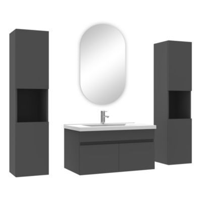 Ensemble meubles Salle de Bain simple vasque 80cm, colonne x2 et miroir ovale Anthracite