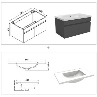 Ensemble meubles Salle de Bain simple vasque 80cm, colonne x2 et miroir ovale Anthracite