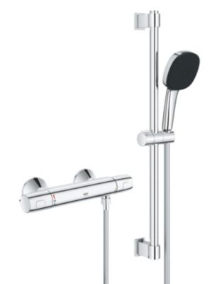 Ensemble mitigeur de douche thermostatique + douchette + flexible et barre, chrome, Grohe Trend