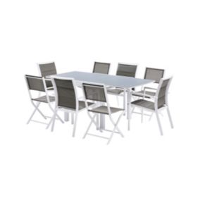 Ensemble MODULO 4/8p en aluminium blanc et verre trempé gris perle avec 4 fauteuils en textilène