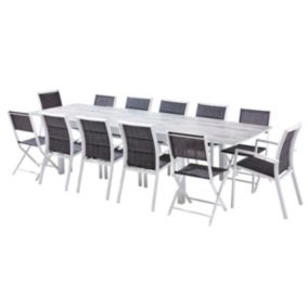 Ensemble MODULO 8/12p en alu blanc et verre, avec 8 fauteuils et 4 chaises pliantes en alu