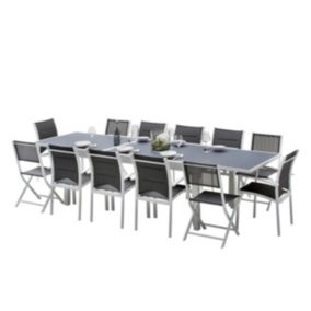 Ensemble MODULO 8/12p en alu blanc et verre trempé gris, 8 fauteuils et 4 chaises pliantes en alu