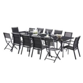 Ensemble MODULO 8/12p en aluminium noir et verre noir et 8 fauteuils en alu et assise textilène