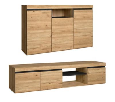 Ensemble Naturale buffet meuble TV 160cm couleur chêne et noir