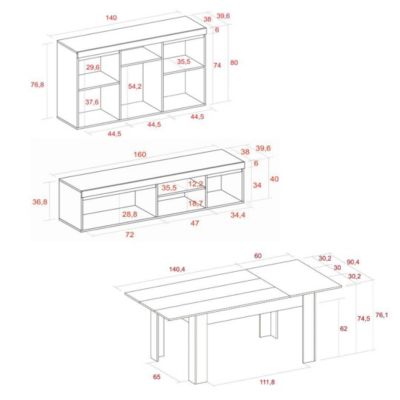 Ensemble Naturale Salle à manger, buffet, meule tv 160cm, table extensible couleur chêne et noir