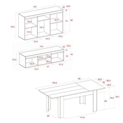 Ensemble Naturale salon, salle à manger, buffet, meuble tv 140cm, table extensible couleur chêne et noir