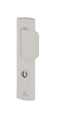 Ensemble poignée de porte aileron blindée sur plaque standard eMUST Bricard entraxe 195mm brossé argent
