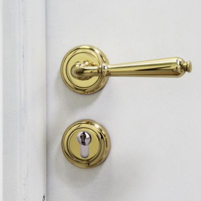 Ensemble poignée de porte sur rosace cône à visser daumesnil Chrisligne poli verni doré Ø50mm