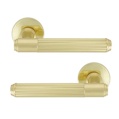 Ensemble poignée de porte sur rosace droit à visser couronne Chrisligne poli verni doré Ø50mm