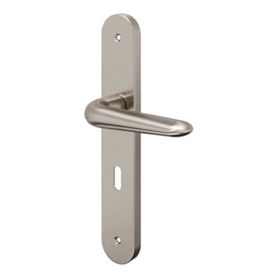 Ensemble poignée sur plaque Droit serrure GoodHome Mehaban effet nickel satin gris L.120mm x l.40mm entraxe 195mm