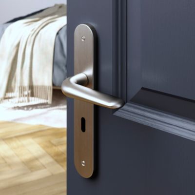 Ensemble poignée sur plaque Droit serrure GoodHome Mehaban effet nickel satin gris L.120mm x l.40mm entraxe 195mm
