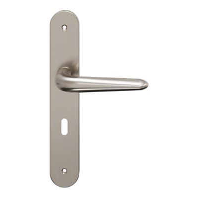 Ensemble poignée sur plaque Droit serrure GoodHome Mehaban effet nickel satin gris L.120mm x l.40mm entraxe 195mm