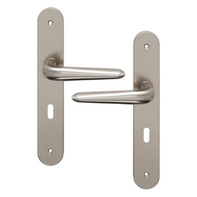 Ensemble poignée sur plaque Droit serrure GoodHome Mehaban effet nickel satin gris L.120mm x l.40mm entraxe 195mm