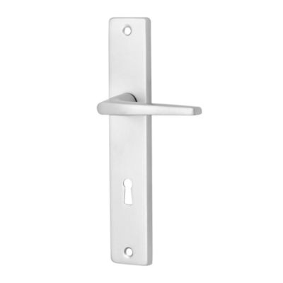 Ensemble poignée sur plaque rectangulaire serrure Colan effet argenté satin gris L.106mm x l.39.8mm entraxe 195mm