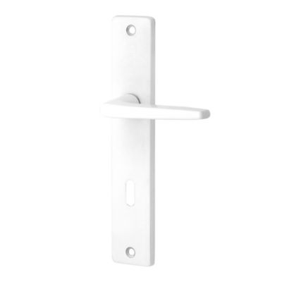 Ensemble poignée sur plaque rectangulaire serrure Colan satin blanc L.106mm x l.39.8mm entraxe 195mm