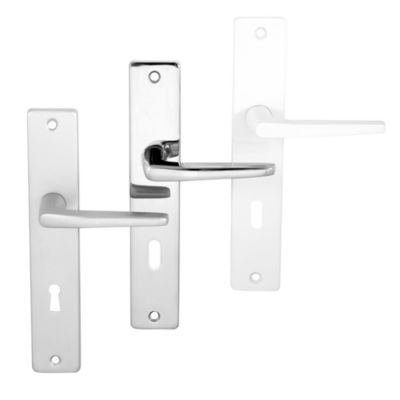 Ensemble poignée sur plaque rectangulaire serrure Colan satin blanc L.106mm x l.39.8mm entraxe 195mm